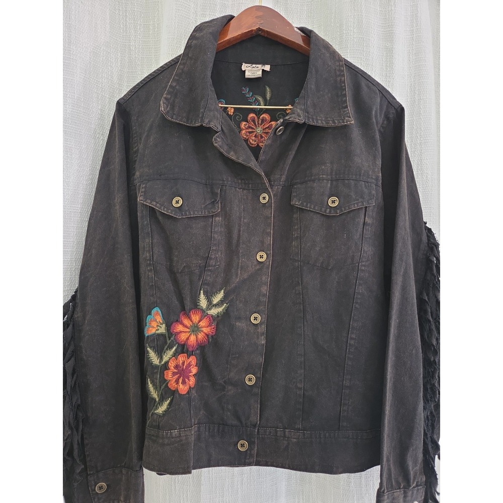 Lola P. Vintage Brown Wash Embroidered Flower Jacket Size XL Fringe Arms Y2K
